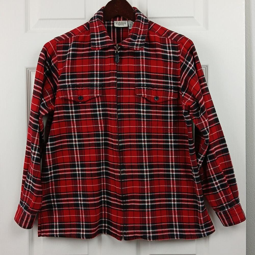 Classic Elements Petite Red Plaid Flannel Shacket S cotton zip vtg 90s y2k